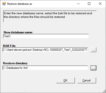 How do I restore a database from a .BAK file?