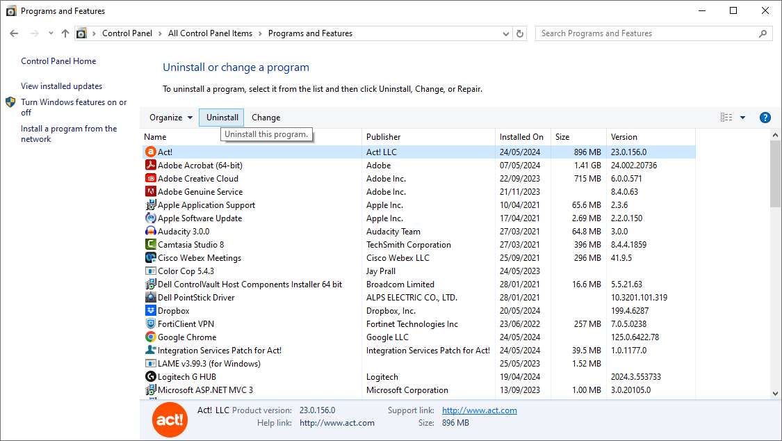 How to uninstall Act! Pro, Act! Premium or Act! Premium for 